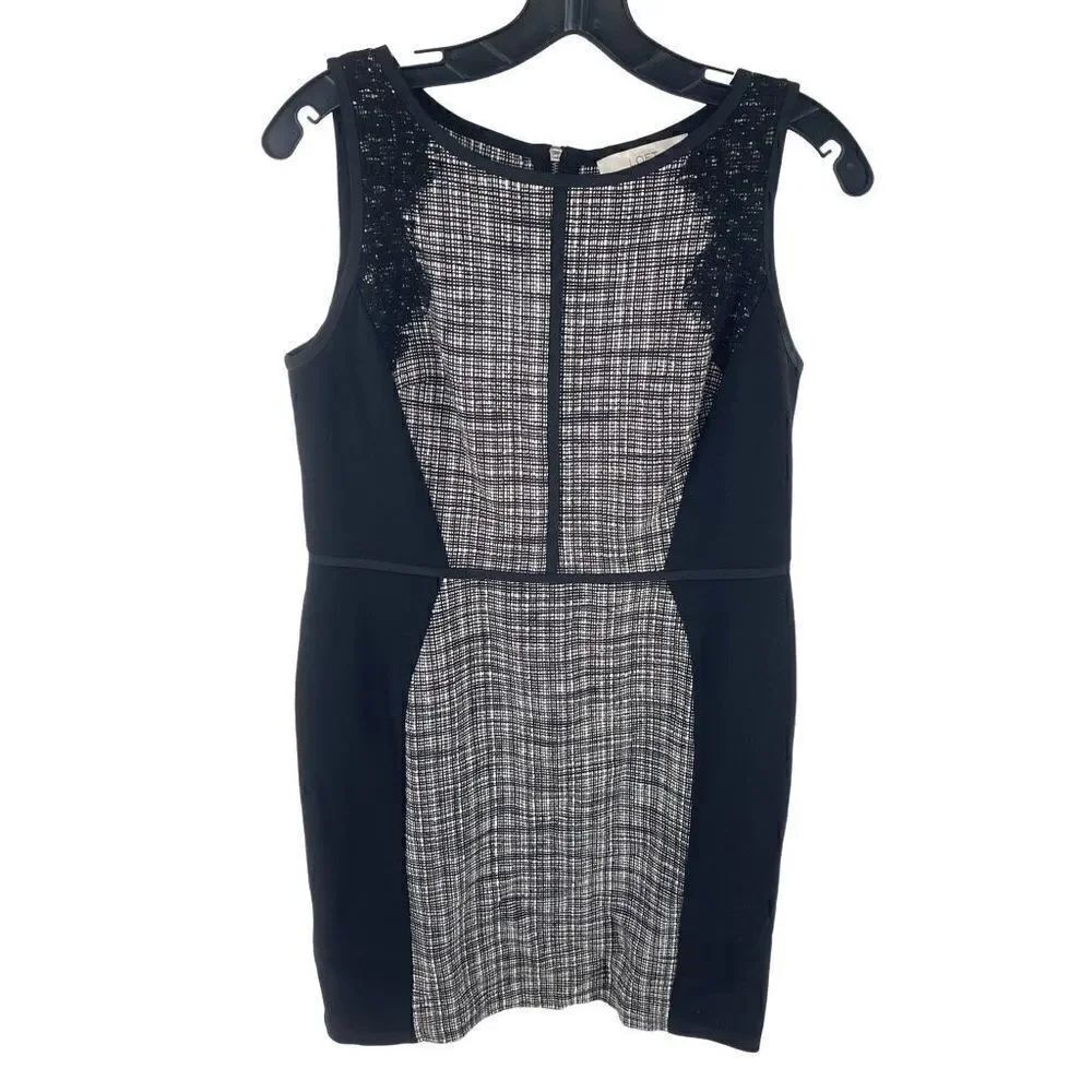 LOFT Women's Sheath Dress Tweed Lace Mini Sleeveless Zip Back Black Size 8P